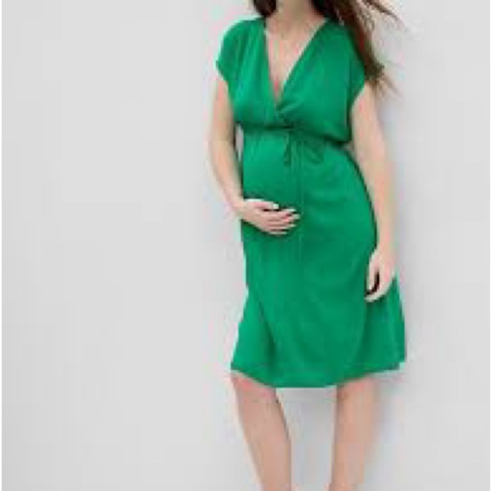 GAP Green Maternity V-Neck Tie-Waist Midi Dress NWOT